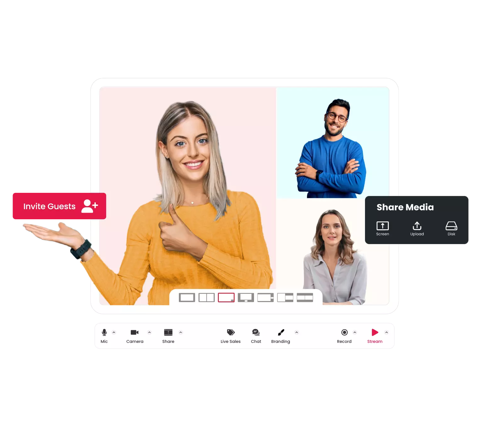 Live studio hosting with multiple guests for interactive live shows