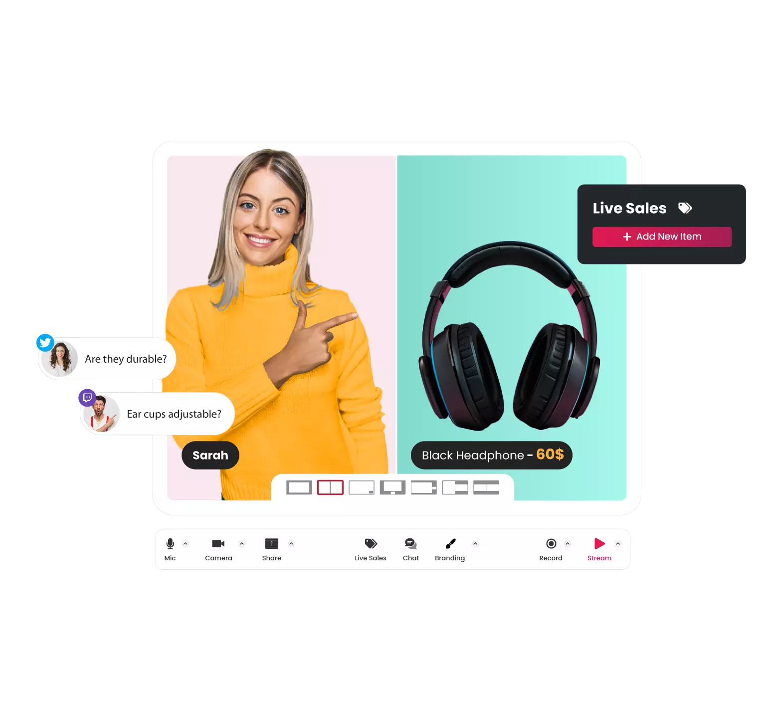 Sell products online with live studio for instant sales and real-time audience interaction
